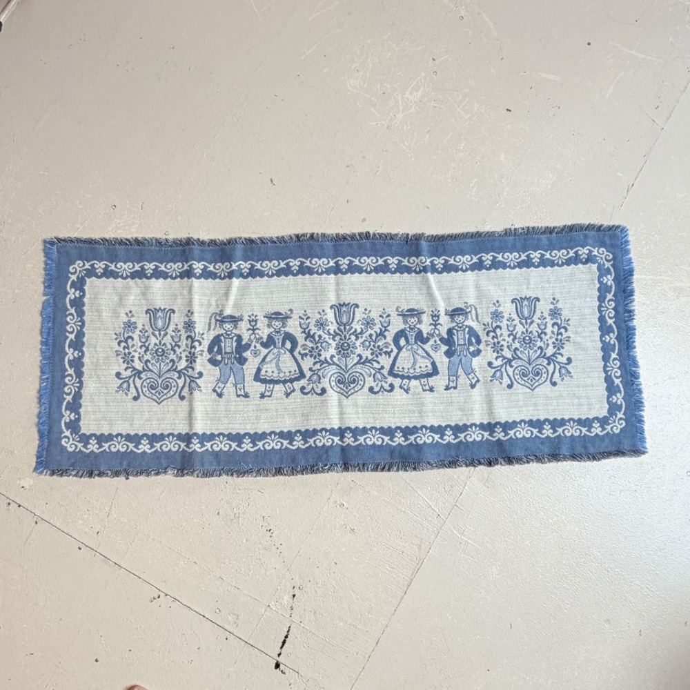 Vintage Blue White Folk Art Woven Table Runner Fringed Scandinavian Style 15x37